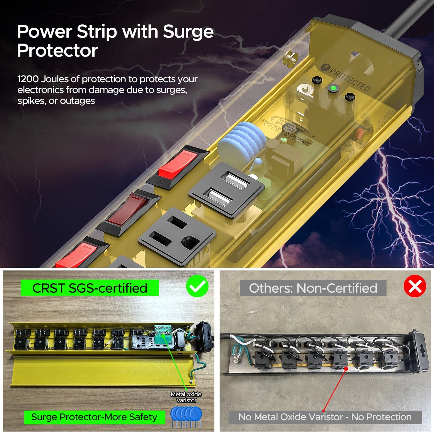 CRST 6 Outlets Individual Switches Mountable Metal Power Strip Surge Protector with Dural USB Ports 6FT Flat Plug Power Cord-4