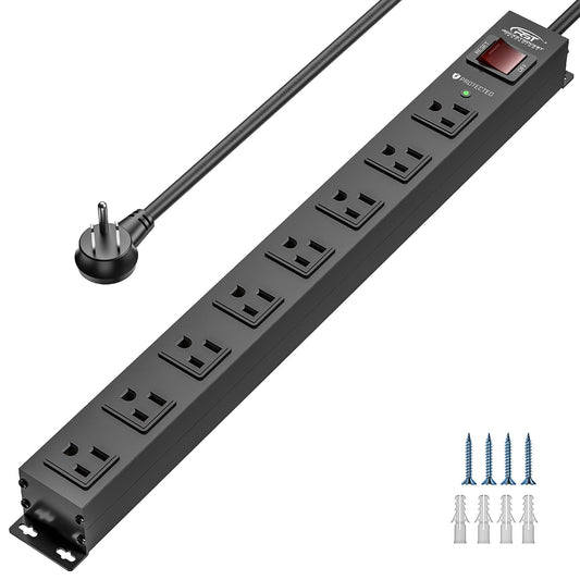 CRST 8 Outlets Wide Spaced Mountable Metal Power Strip Surge Protector, 6FT Flat Plug Power Cord, 2100 Joules Protection, Mount Kits Included-0