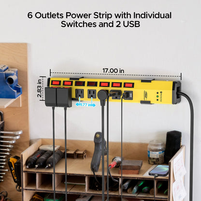 CRST 6 Outlets Individual Switches Mountable Metal Power Strip Surge Protector with Dural USB Ports 6FT Flat Plug Power Cord-1