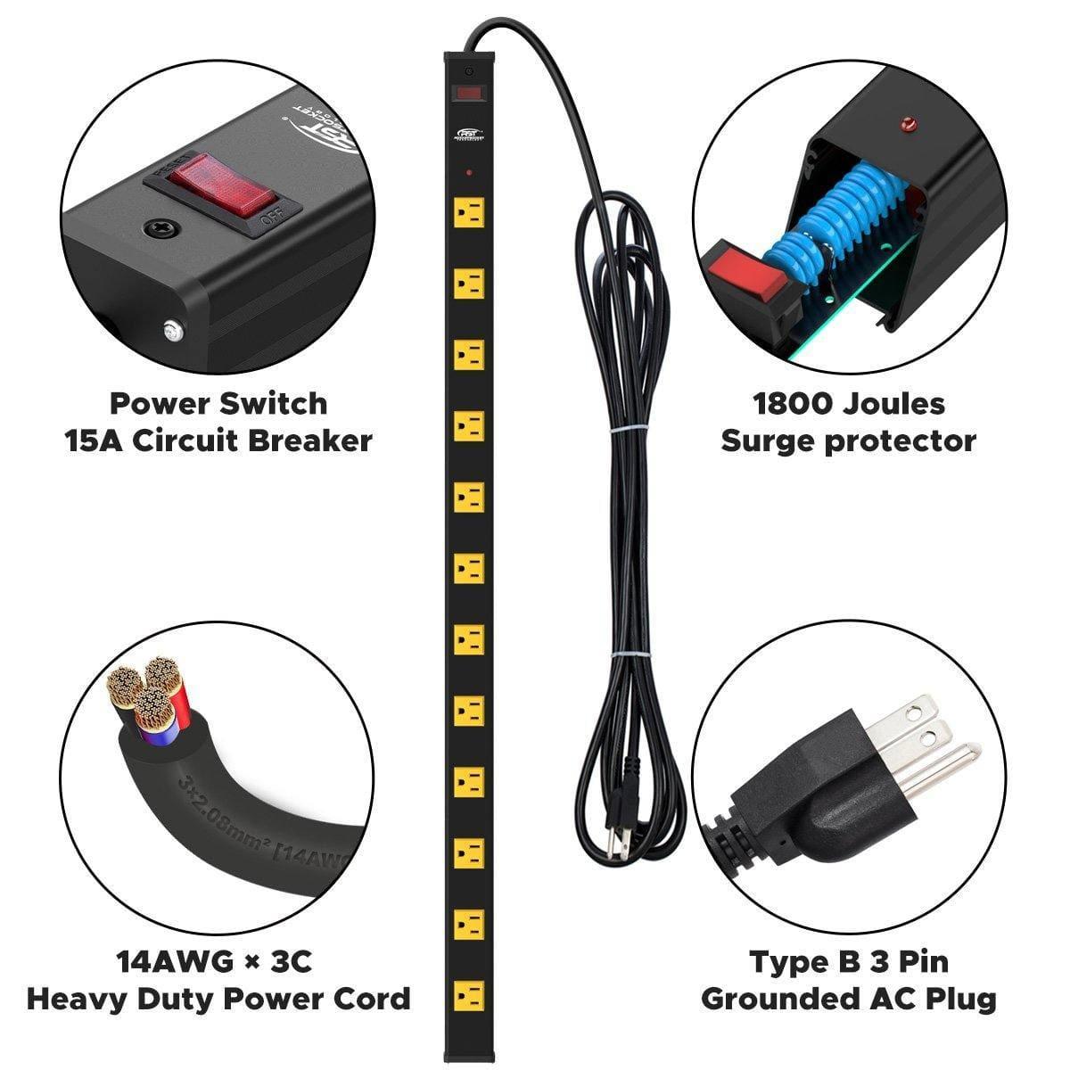CRST Wideoutlets 2.6" Wide Spaced 12 Outlets Mountable Metal Power Strip Surge Protector with 1800 Joule Protection & EMI Filter Heavy Duty Construction 15A Circuit Breaker Included-3